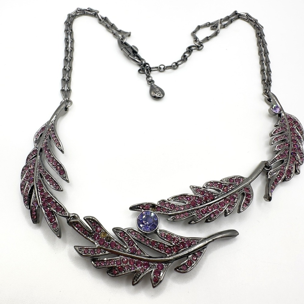 Givenchy Necklace Purple Rhinestone Leaf Bib Gunmetal Tone Statement 15" - 17"